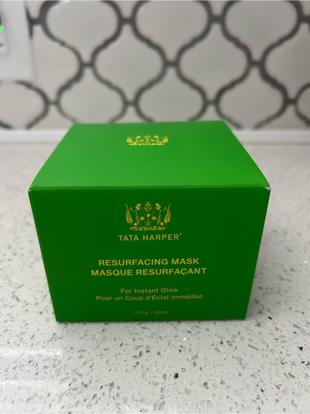 Tata Harper Resurfacing Mask Box in Bright Green with Gold Lettering